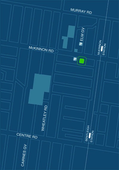 Turn right as you exit McKinnon Station. We are 100m to the west and on the opposite side of McKinnon road.